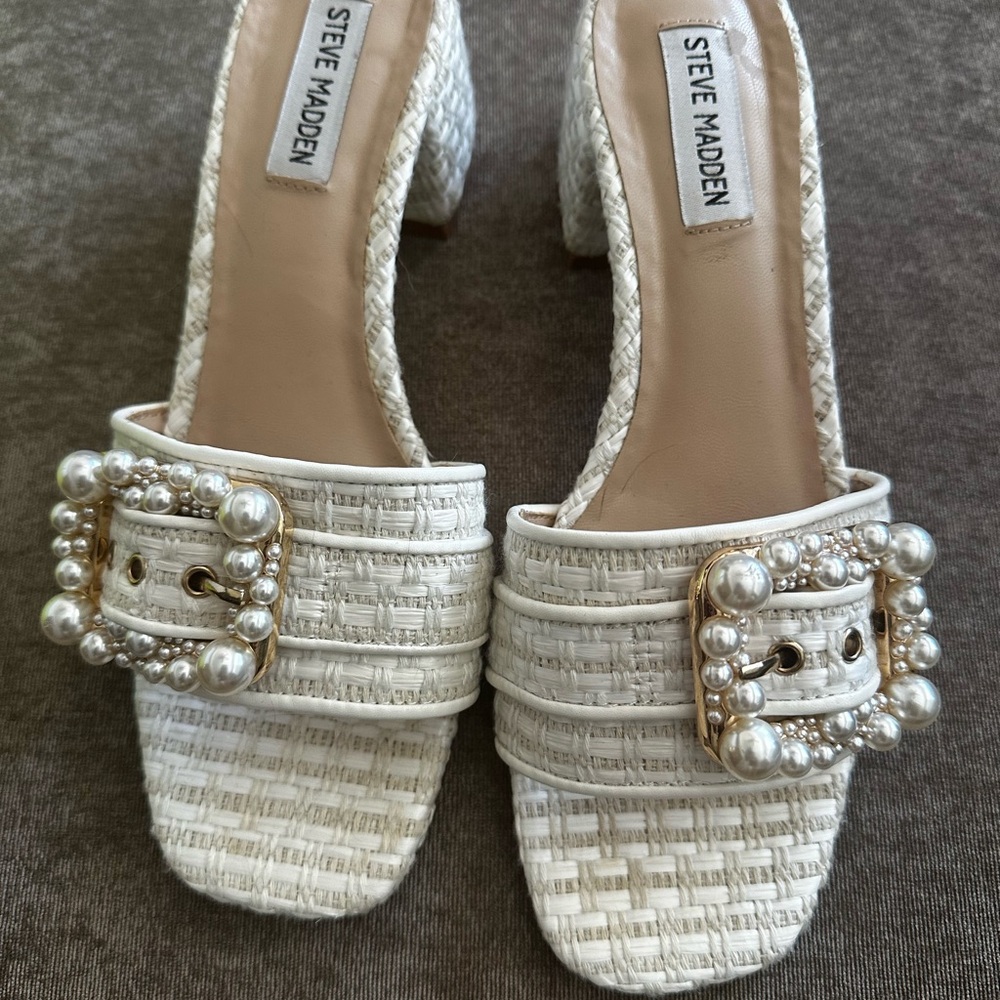 Steve Madden Ivory Woven Mules with Pearl Accent